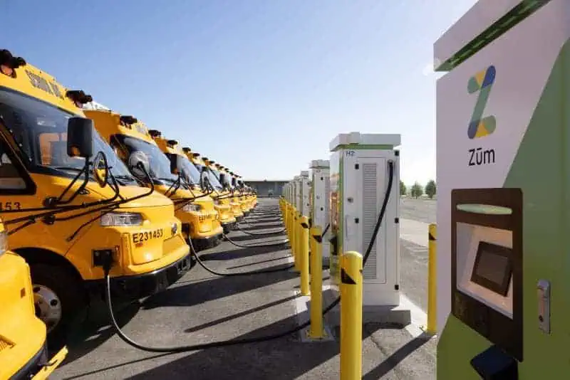 A row of electric buses parked side by side, showcasing their modern design and eco-friendly features.